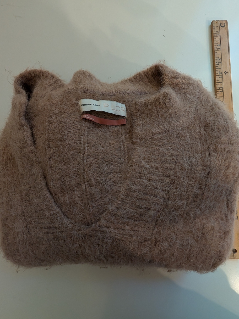 Anthropologie Soft V-Neck Fuzzy Sweater - Taupe Oversized Retro Feel 90s Vibe